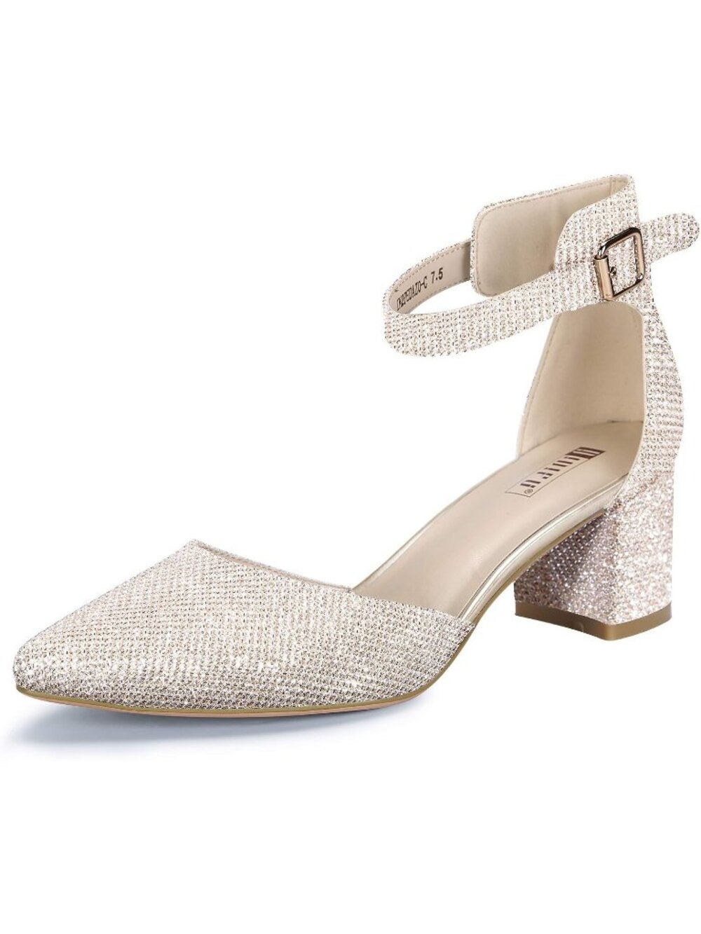 Women's Gold Glitter Low Block Heels Pumps Chunky Closed Toe Ankle Strap Shoes